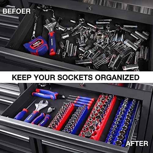 WORKPRO Magnetic Socket Organizer Set, 4-Piece Socket Holder Set Includes 1/4", 3/8" Drive Metric & SAE Socket Trays, Holds 108 Pieces Standard and Deep Size Sockets (Sockets not Included)