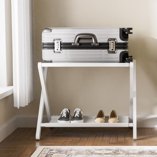 HITNET White Luggage Rack, Folding Suitcase Stand, Bamboo Luggage Holder with Storage for Guest Room Bedroom Hotel