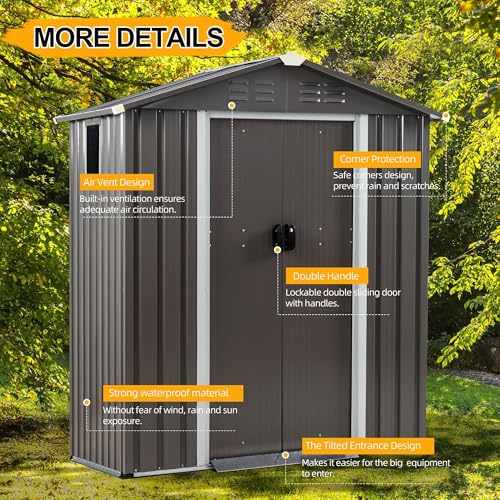 Shintenchi 5x3 FT Dark Gray Outdoor Storage Shed with Lockable Door, Waterproof Weather-Resistant Tool Garden House