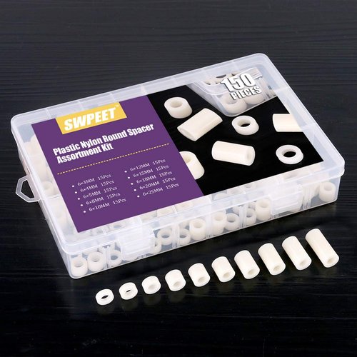 Swpeet 150Pcs Nylon Round Spacer Standoff Screw Nut Assortment Kit, Nylon PA66 Plastic Standoff OD 11mm and ID 6.2mm Length 3mm 4mm 5mm 8mm 10mm 12mm 15mm 18mm 20mm 25mm for M6 Screws Prototyping