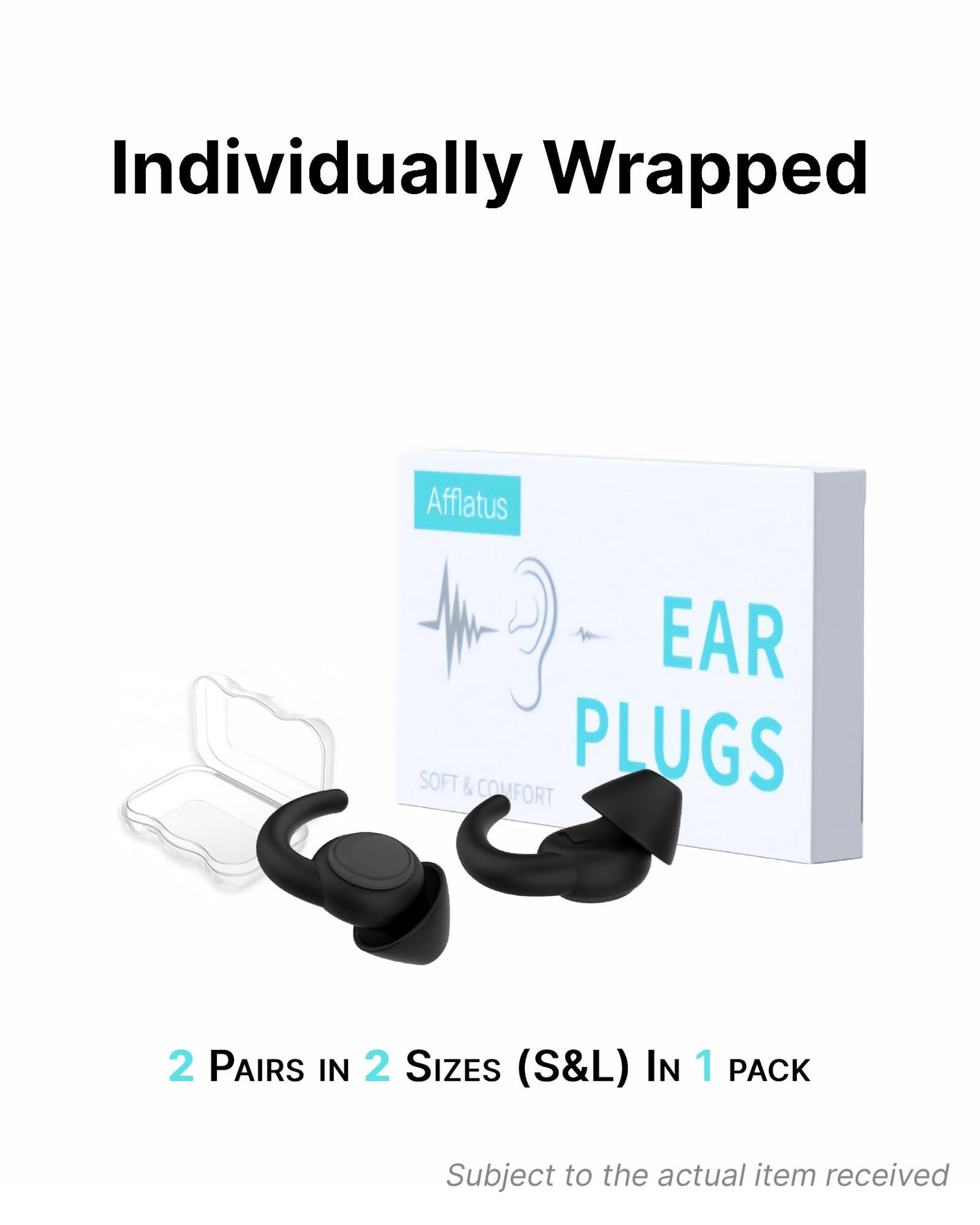Afflatus Ear Plugs for Sleeping Noise Cancelling, 2 Pairs (S+L) Comfortable Reusable Noise Reduction Ear Plugs, Earplugs for Sleep, Snoring (Pure Black)