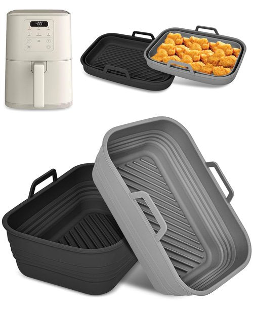 Collapsible Air Fryer Silicone Liners 2-Pack for Bella 4Qt Slim Air Fryer(3.3lb Capacity), Reusable Airfryer Silicone Pot Rectangle, Non-stick Baking Basket Insert for Air Frier Accessories,Gray+Black