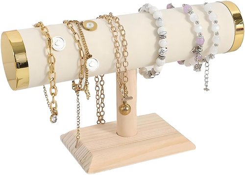 Wooden Watches Display tower Base Watch Necklace Bracelet Organizer Rack Bangle Scrunchie Headband Showcase tower (Suede Round Beige, 1-tiered)
