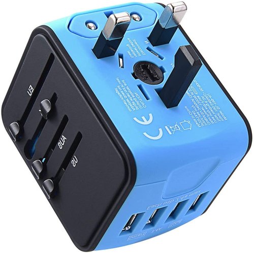 International Travel Adapter Universal Power Adapter Worldwide All in One 4 USB-A Ports Perfect for European US, EU, UK, AU 200+ Countries (Blue)