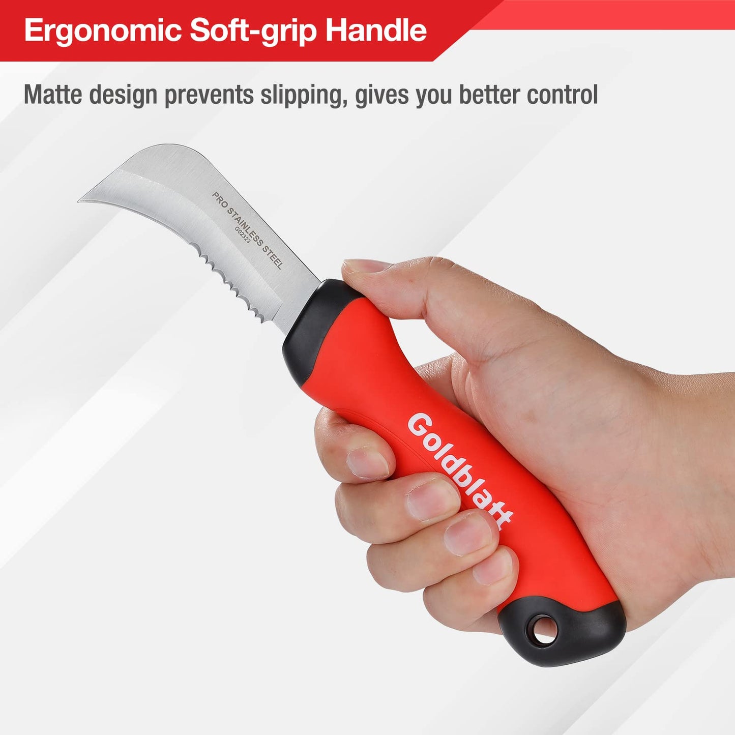 Goldblatt Stainless Steel Roofing & Flooring Knife - Linoleum Cutter with Soft-Grip Handle, Hook Knife for Cutting Carpet, Cable Skinning, Wallpaper, Turf