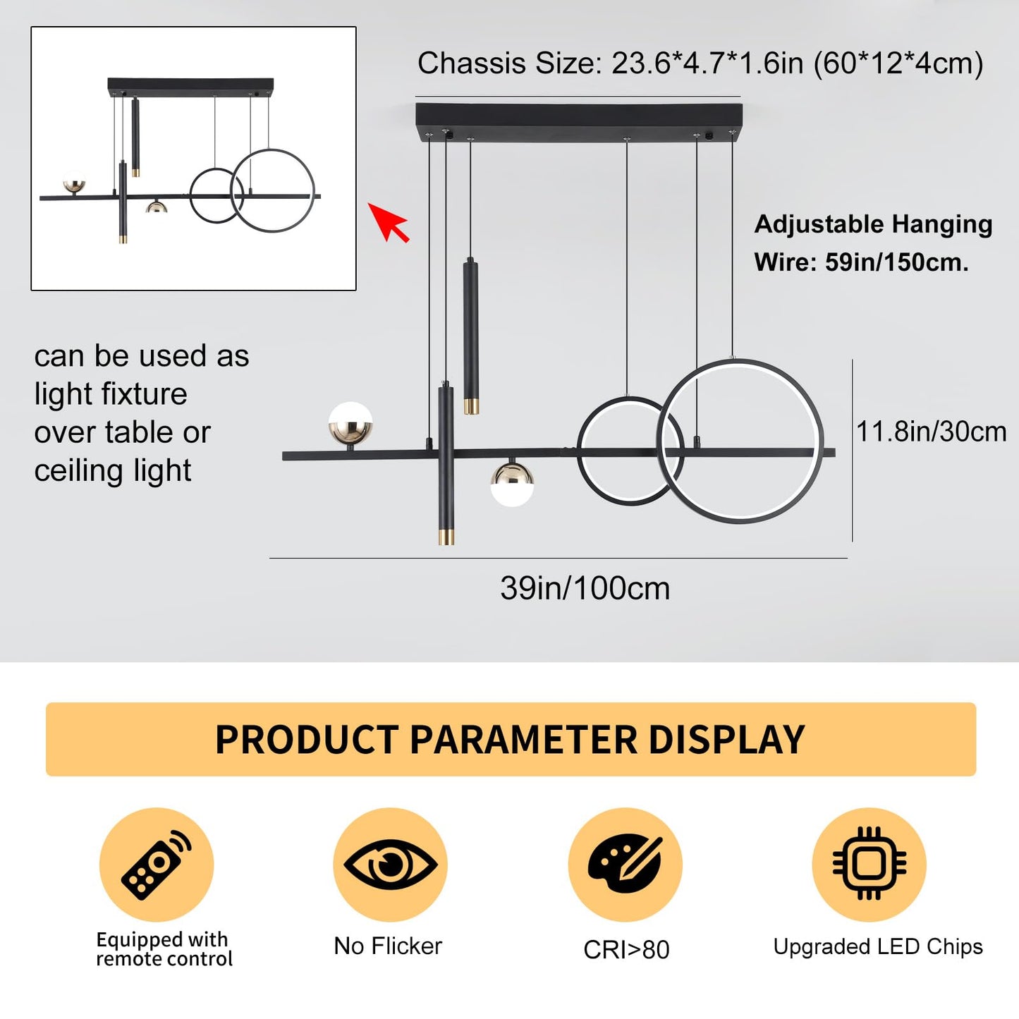 ORANOOR Modern LED Pendant Lights, Dimmable 39in Linear Wave LED Chandelier Lighting, Black & Gold Dining Room Hanging Light Fixtures Kitchen Island Globe Pendant Light for Dining Table (2704lm)