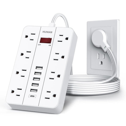 Power Strip with USB, Flat Plug Extension Cord with Multiple Outlets 5 Ft, HUNIAN Power Strip with 8 Widely Spaced Outlets 6 USB Charger (1 USB C Port), Desk Charging Station for Home Office, White