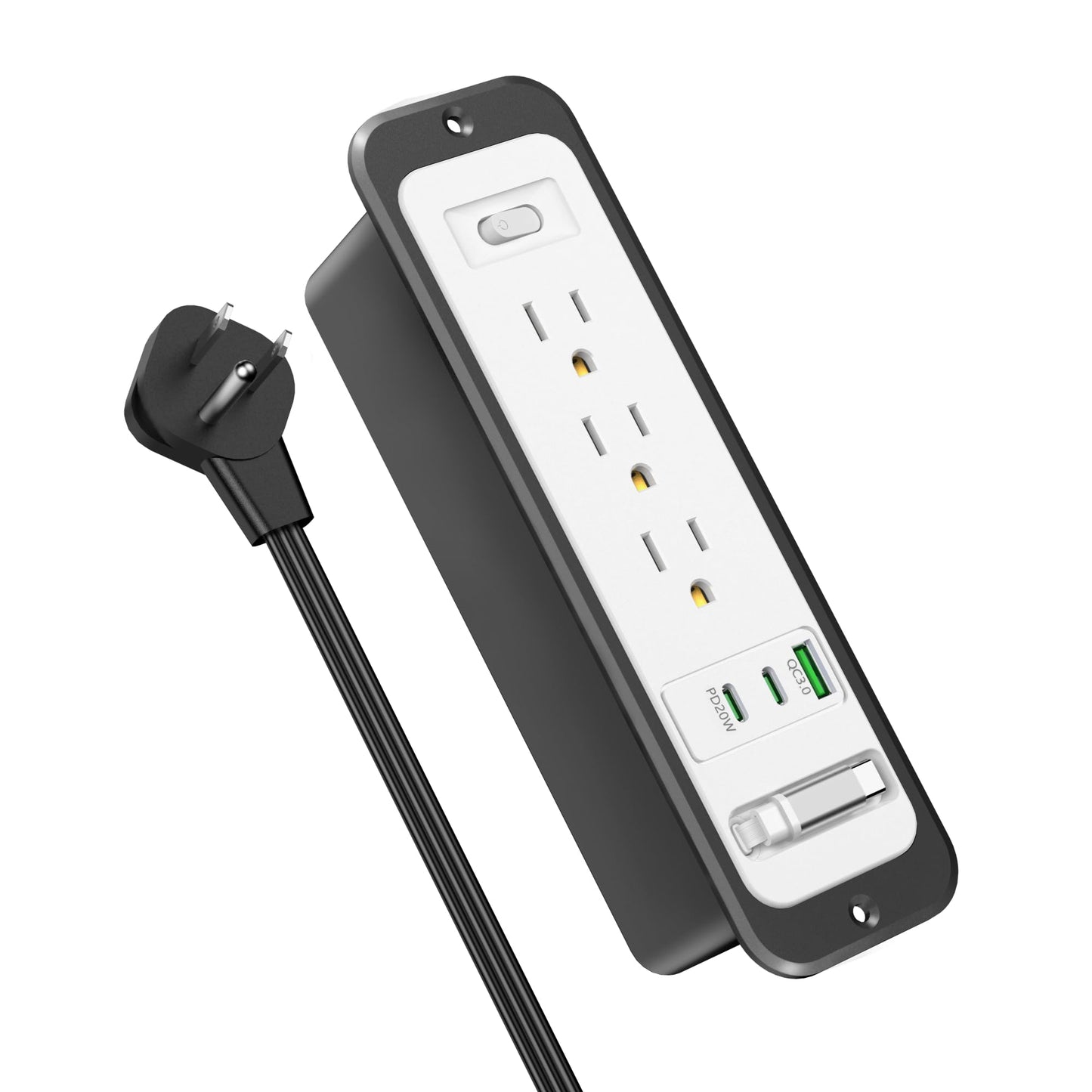 Recessed Power Strip with Retractable USB C Cable,2 PD 20W USB C,Flush Mount Countertop Drawer Outlet, Furniture Hidden Outlet for Side Table,End Table,3 Outlets (White and Black, 6FT-20W)