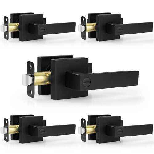 Estmoon 5 Pack Matte Black Door Handles Interior Door Knobs, Home Improvement Keyless Privacy Door Lock, Heavy Duty Zinc Alloy 2.07 lb Door Leverset for Bedrooms Bathrooms