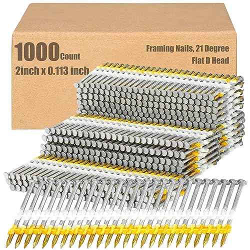 Therwen Framing Nails, 21 Degree, Flat D Head, Galvanized, Ring Shank, Plastic Row Fixed, 21 Degree Framing Nails for Use in All Pressure Treated Lumber (1000 Count,2 Inch x 0.113 Inch)