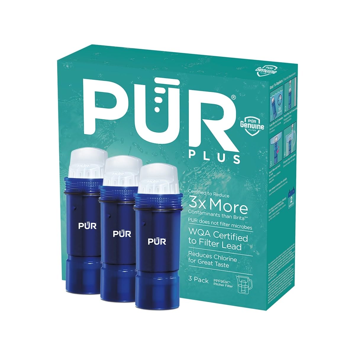PUR PLUS Lead Reducing Water Pitcher and Dispenser Replacement Filter, Value Pack, 6-month Supply, Compatible with all PUR Pitchers and Dispensers, Blue, 3 Count, PPF951K3