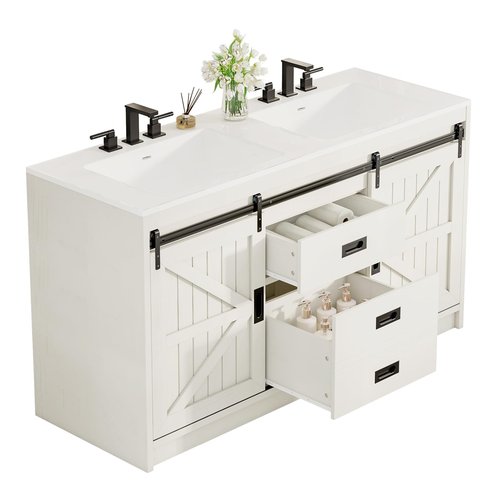 AMERLIFE 61" Farmhouse Double Bathroom Vanity with Sink Combo, Dual Basin Bathroom Storage Cabinet with Sliding Barn Doors & Drawers, Large Double Bath Vanity Sink Set, Rustic White