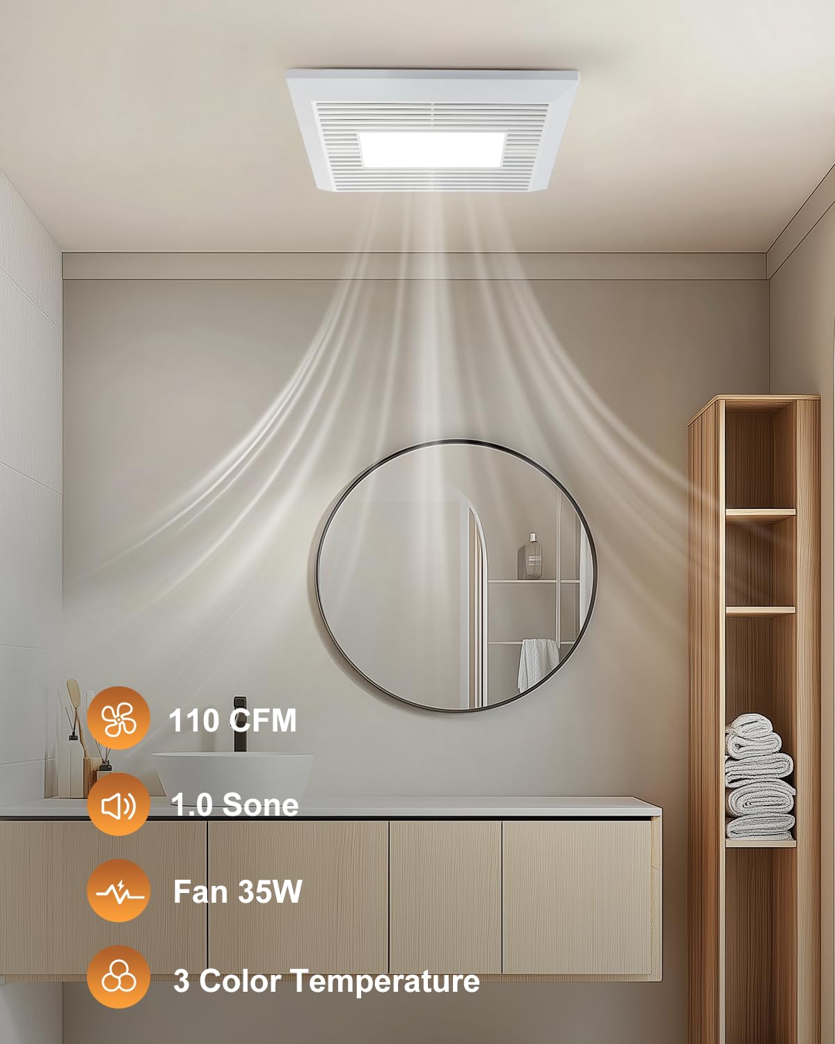 GROWNEER Bathroom Exhaust Fan with Light, 110 CFM 1.0 Sone Exhaust Fan No Attic Access Needed, Ceiling or Wall Mount, 7.68 x 9.25 inch, 35W Bathroom Fan with LED Light 3CCT Adjustable 600LM, White