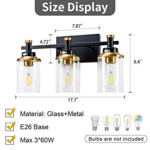 Aixialin 3 Light Bathroom Light Fixtures, Black and Brushed Gold Vanity Light Fixture Over Mirror, Modern Wall Sconces Lighting Wall Lamp for Bathroom, Bedroom, Hallway with Clear Glass Shade