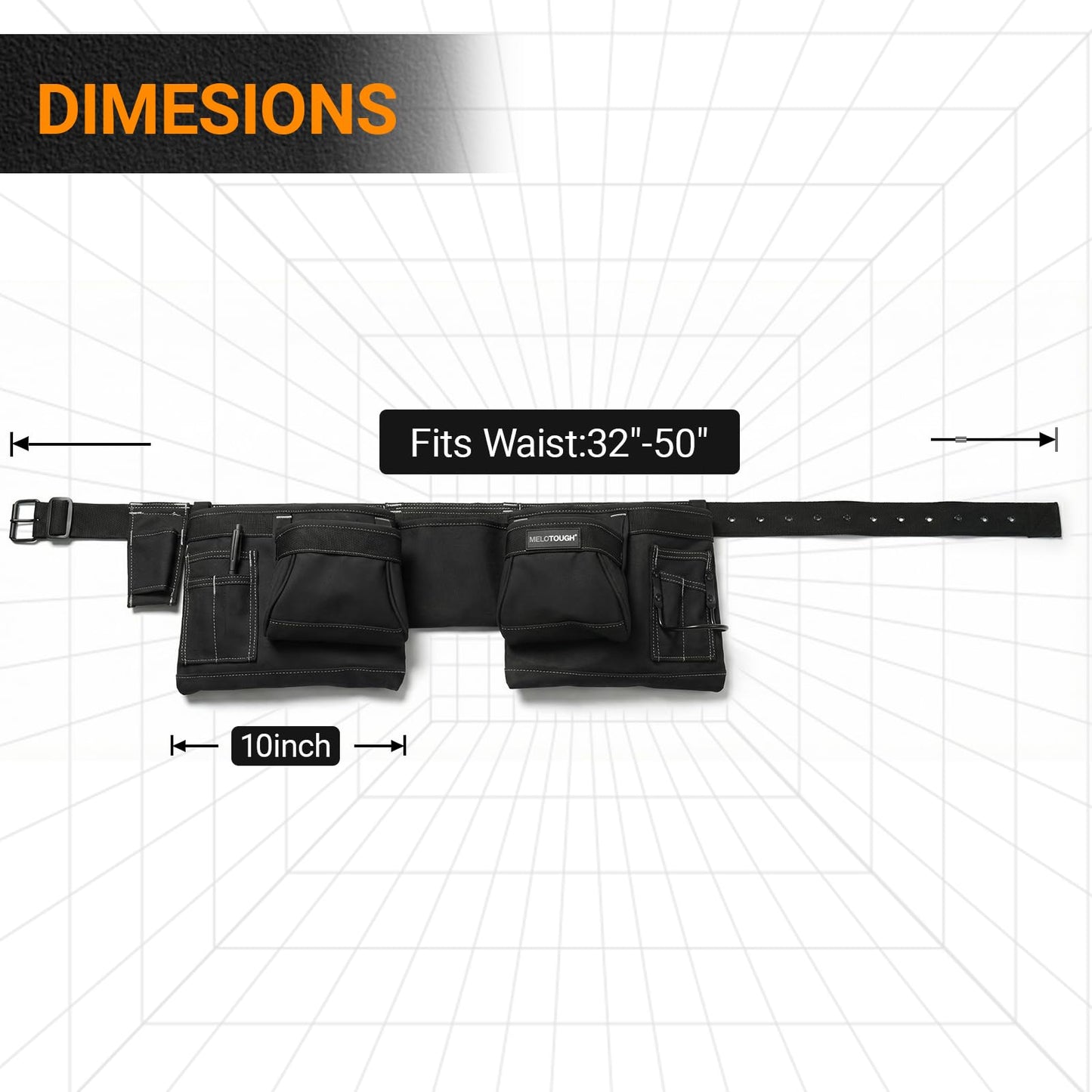 MELOTOUGH 14-Pocket Tool Belt Combo with Pouches for Electrician & Carpenter, Heavy Duty Adjustable Work Utility Belt for Men, Industrial-Grade Tool Rig Organizer, Work Apron（Black）