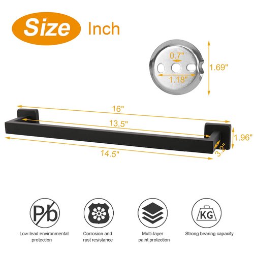 TocTen Bath Towel Rack - Square Base Thicken SUS304 Stainless Steel Towel Bar for Bathroom, Bathroom Accessories Towel Rod Heavy Duty Wall Mounted Towel Holder. (Black, 16)