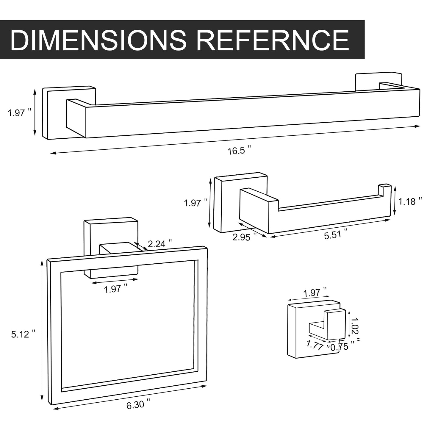 HAWKROWN 5-Piece Matte Black Bathroom Accessories Set, SUS304 Stainless Steel Wall Mounted 16 Inch Hand Towel Bar, Toilet Paper Holder, Towel Ring, Towel Hooks, Bathroom Hardware Set, Towel Bar Set