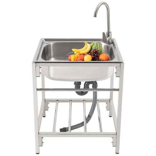 Free Standing Single Bowl Kitchen Sink, 23.6 * 17.7 * 29.5in Stainless Steel Utility Sink with Cold & Hot Tap, Commercial & Home Basin for Kitchen, Bar, Restaurant, Dessert Shop