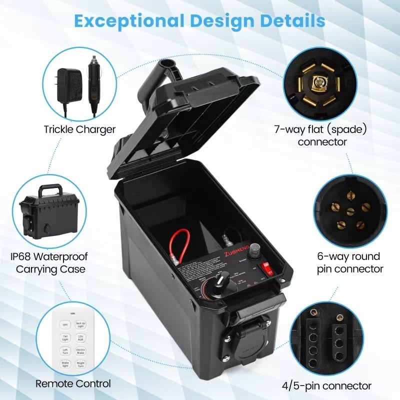 Trailer Light & Electric Brake Tester with 12V 10Ah Battery, Tests 7-Spade, 6-Round and 4/5-Flat Pin Type Trailer Harnesses, Upgrade Wireless Remote Control, IP68 Waterproof Case