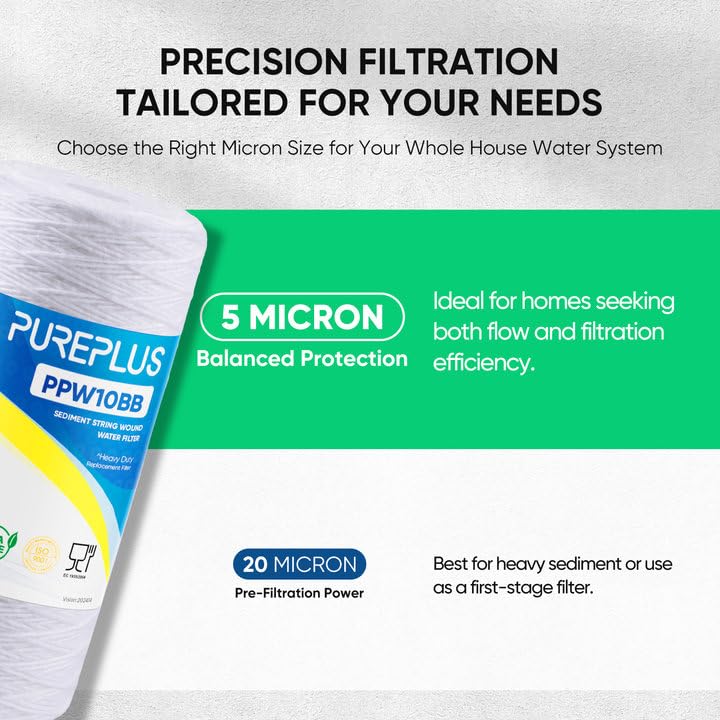 PUREPLUS 5 Micron Water Filter Cartridges 2 Pack for Whole House Well Water