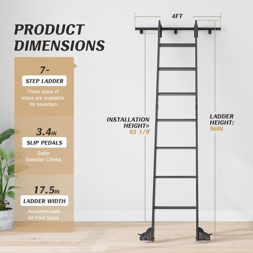 Fredbeck Aluminium Rolling Library Step Ladder 96" with 4FT Sliding Hardware Track Kit Bottom Wheel Included,for Kitchen,Loft,Warehouses,Bookstore,attic,Study Room,Dressing Room,Metal Black