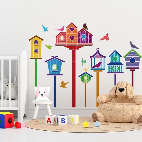 FINGERINSPIRE 9 Styles Birdhouse Pattern Stencils with Brush 11.8x11.8Inch Various Birdhouse Painting Template Bird Silhouette Drawing Stencil PET Plant Theme Template for Wood Wall Floor Tiles
