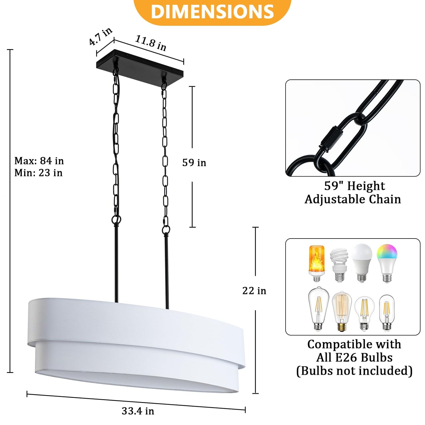 DWLGIGH 33.4" Modern Dining Room Chandelier, 4-Light Linear Chandelier with White Double Oval Linen Shade Large Hanging Pendant Light for Over Table Entryway Foyer Kitchen Island Light Fixture, E26