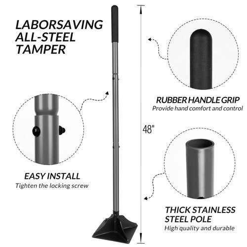 Walensee Steel Tamper 48 inch Steel Handle 10"x10" Garden Tamper with Rubber Grip for Laborsaving All-Steel Tamper Heavy Duty Ideal Tool for Leveling Ground Installing pavers and Repairing Blacktop