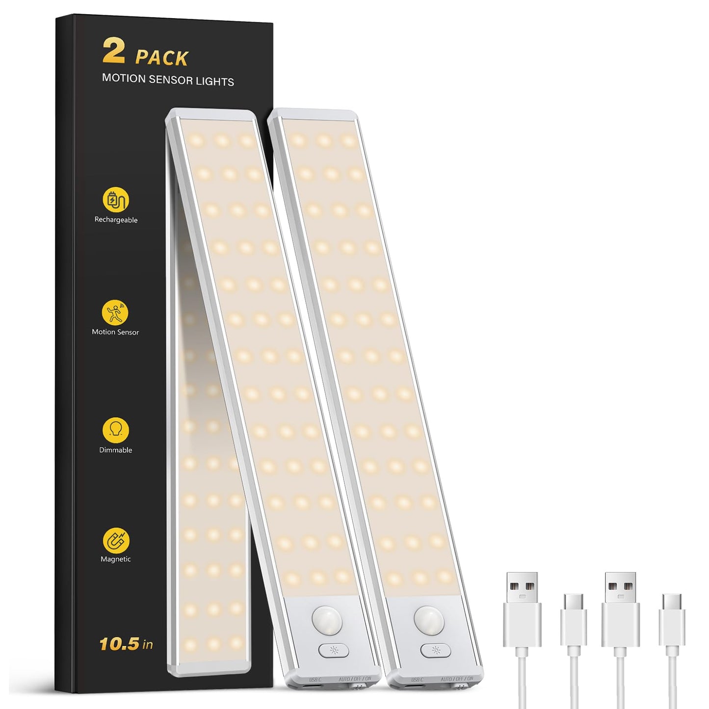 Under Cabinet Lighting - 10.5" Motion Sensor Light Indoor, Magnetic Wireless Closet Lights, Dimmable Led Night Light, Rechargeable Under Counter Lights for Kitchen, Bedroom, Stair, 2 Pack