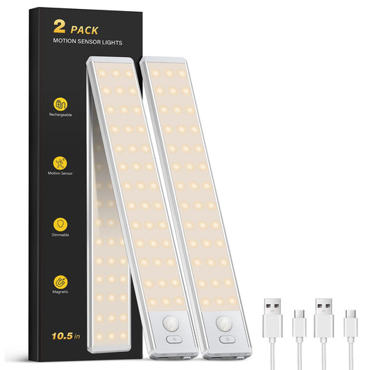 Under Cabinet Lighting - 10.5" Motion Sensor Light Indoor, Magnetic Wireless Closet Lights, Dimmable Led Night Light, Rechargeable Under Counter Lights for Kitchen, Bedroom, Stair, 2 Pack