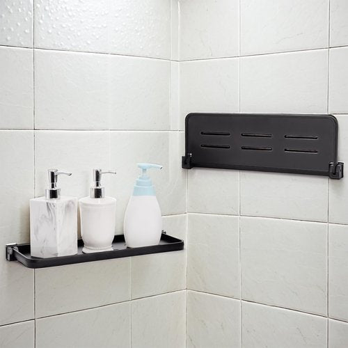 DEAYOU 2 Pack Folding Wall Shelf for Bathroom, 90° Fold Up Floating Shelf, Wall Mounted Drop Down Metal Shelves for RV, Campers, Laundry Room, Toilet Room, Kitchen, Waterproof, Space Saving, Black