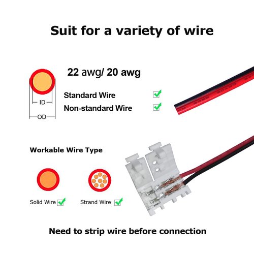 Biantie La 2-Pin 8mm LED Connectors Solderless Unwired Clips - DIY Strip to Wire Quick Connection for 12v 24v Single Color SMD 3528 2835 Tape Lights (Pack of 10)