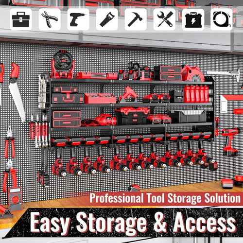Large Power Tool Organizer Wall Mount-12 Drill Holder, Metal Heavy Duty Garage Tool Storage Shelves with Screwdriver Plier Holder, Gifts Idea for Men Dad Husband