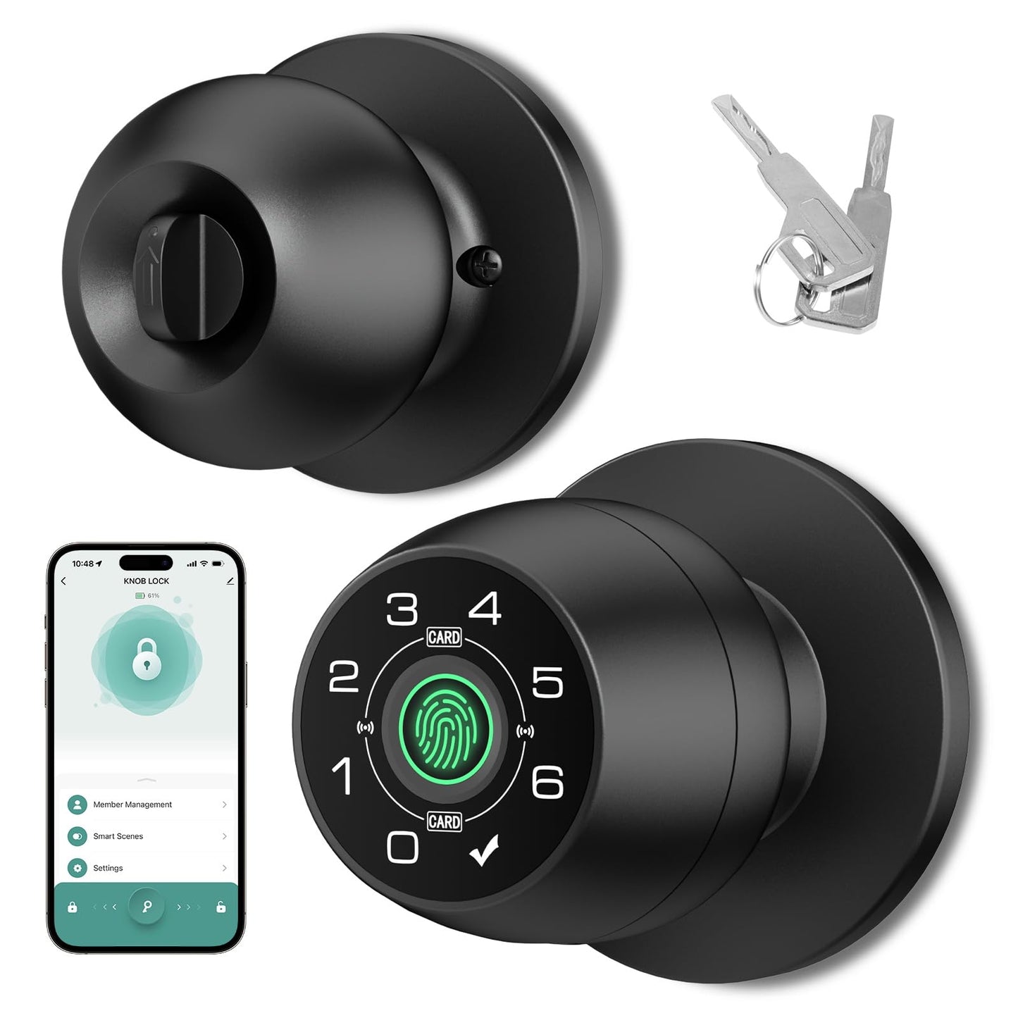 Fingerprint Door Lock，Fingerprint and Keypad Input Smart Door knob, App Controlled Biometric Door Lock, Keyless Entry, Bedroom, Office, Hotel, Apartment Auto Door knob(Matte Black)-HL-3