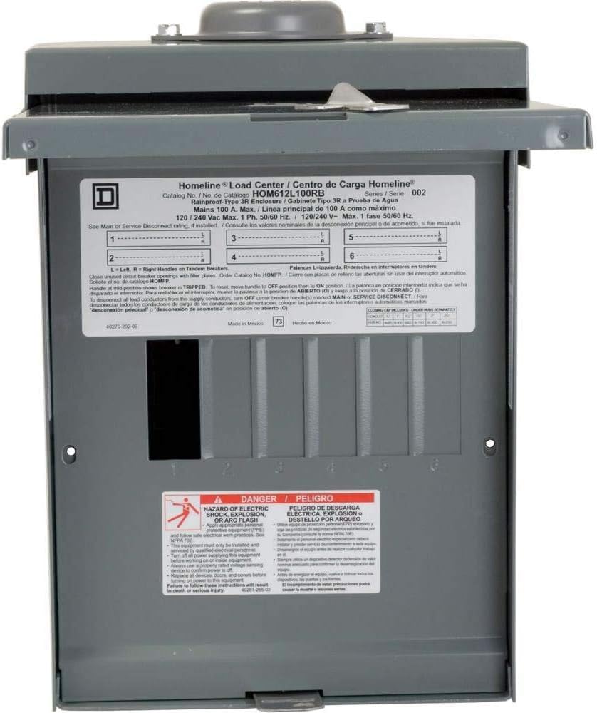 Square D by Schneider Electric Homeline 100 Amp Outdoor Main Lug Load Center, Circuit Breaker Box, 6-Space 12-Circuit, 120/240 VAC, UL Listed, Rainproof NEMA 3R Enclosure (HOM612L100RBCP)