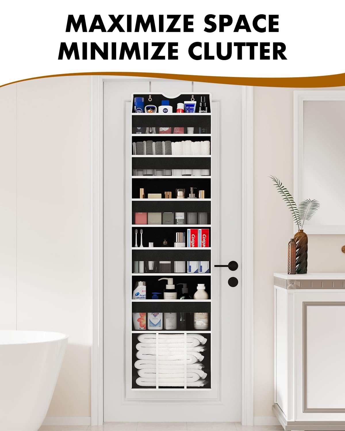 GGUO Over The Door Organizer Hanging - 6 Shelf Over Door Organizer with 6 Clear Front & 12 Side Pockets - 50LB Load Behind Storage for Closet Bedroom Bathroom Nursery Baby Essentials(Black)