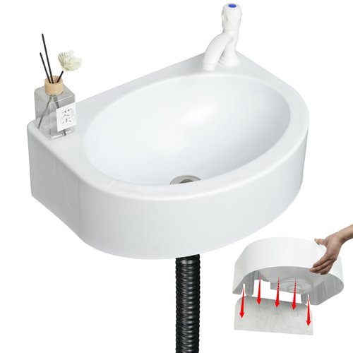 Wall Mount Bathroom Sink 17.7"x13.4" No-Drill Installation Self-Adhesive Wash basin with 1.26 Faucet Hole Bathroom Sinks Floating Vanity Sink for Lavatory Room Basin Plastic Rv Sink for Home Garage