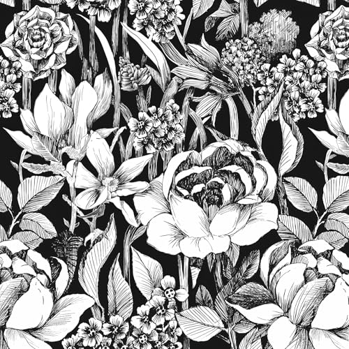 Black and White Floral Peel and Stick Wallpaper 17.5" x 118" Vintage Floral Contact Paper Sketch Flower and Leaf Self Adhesive Wall Paper Retro DIY Removable Decorative Wallpaper Vinyl Roll Dark