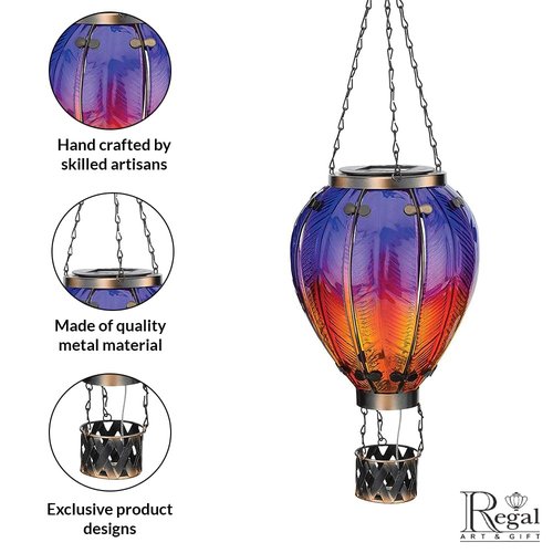 Regal Art & Gift Hot Air Balloon Solar Lantern – Hanging Solar-Powered LED Lights, Waterproof Portable Decorative Outdoor Lamp Made of Metal & Glass for Garden, Patios & Pathway – Purple (Large)