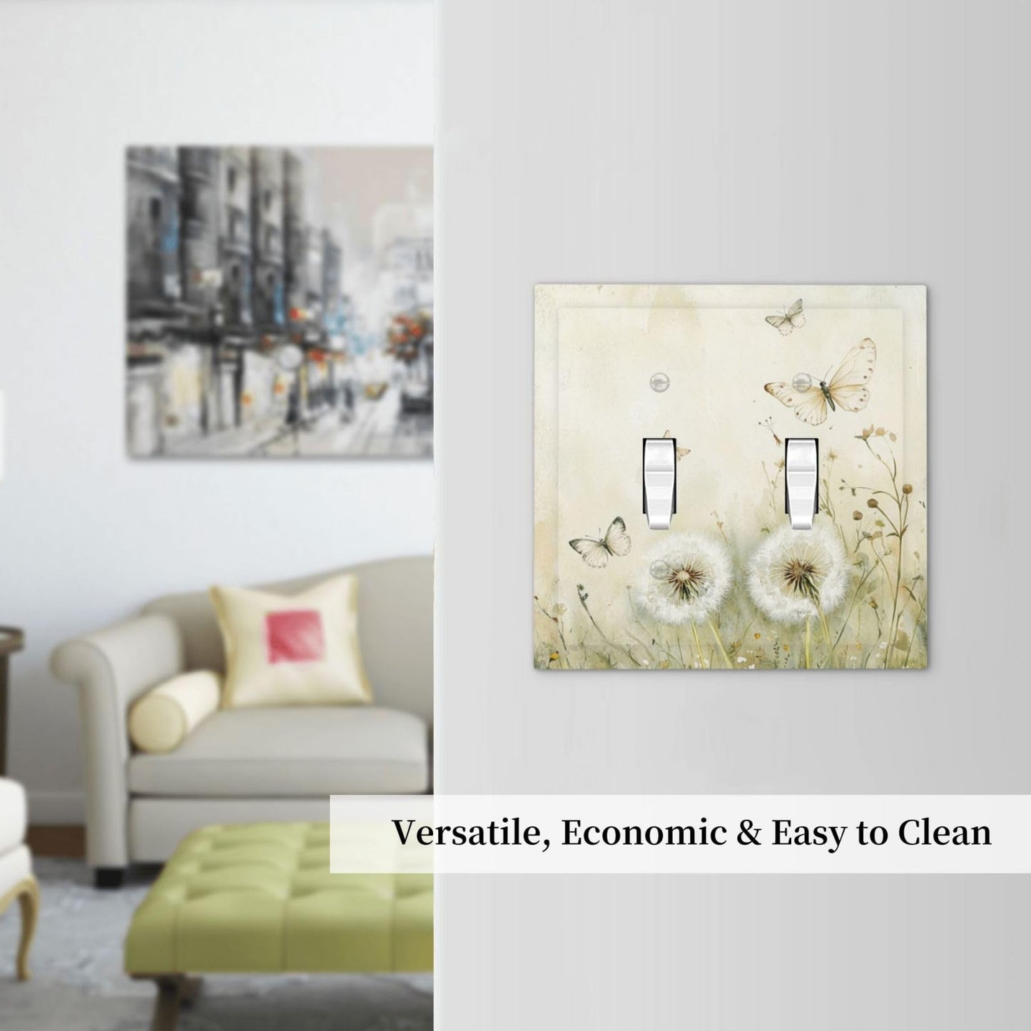 Xuejiaku Decorative Light Switch Cover Beige Butterflies Dandelions Wildflowers 2 Gang Wall Plates Double Toggle Switch Plate Decora Electrical Outlet Cover Faceplates for Bathroom Bedroom Decor