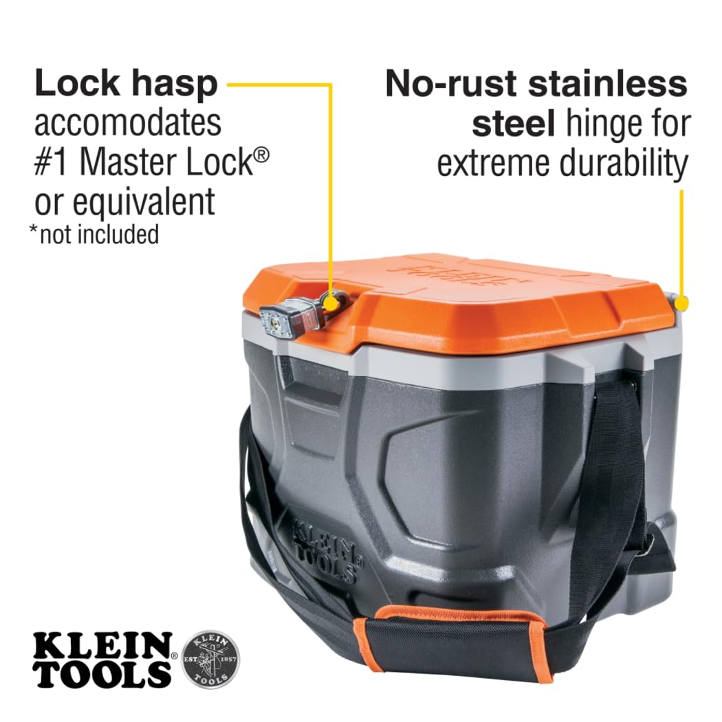 Klein Tools 55600 Work Cooler, 17-Quart Lunch Box Holds 18 Cans, Keeps Cool 30 Hours, Seats 300 Lb, Tradesman Pro Tough Box