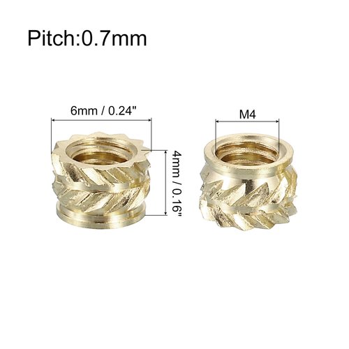 uxcell Knurled Insert Nuts, 50pcs M4 x 4mm L x 6mm OD 3D Printing Brass Nuts Female Threaded Inserts Brass Heat Set Insert Embedment Nuts