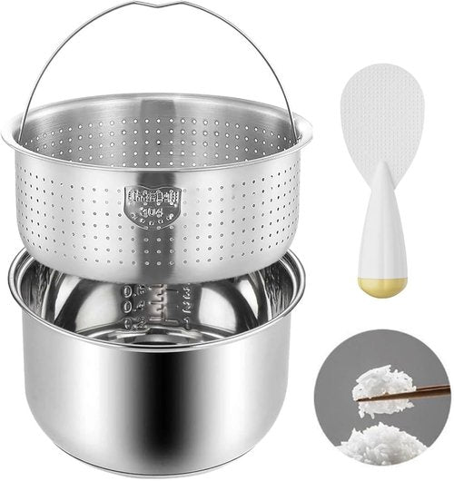 Stainless Steel Rice Cooker Inner Pot, Universal Non-Stick Rice Cooker Pot Replacement with Steamer Basket for Multi-Cookers, Even Heating for Perfect Rice (4L)