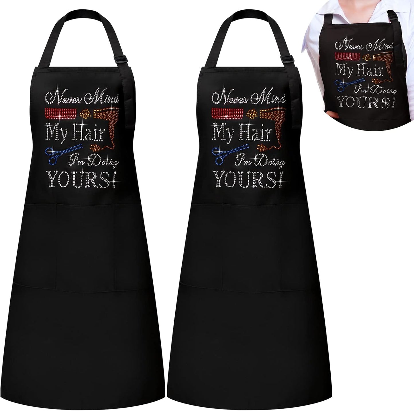 Coume 2 Pcs Hair Stylist Apron Hairstylist Salon Apron with Rhinestone Tools 3 Pockets Waterproof Hairdresser Barber