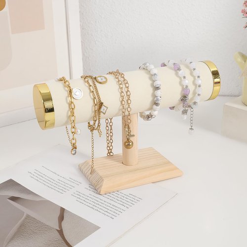 Wooden Watches Display tower Base Watch Necklace Bracelet Organizer Rack Bangle Scrunchie Headband Showcase tower (Suede Round Beige, 1-tiered)