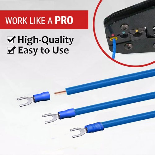 ANGSTROM Fork Spade Terminals, Insulated Electrical Crimp Connectors 100pcs (16-14ga Blue, #8 Stud)