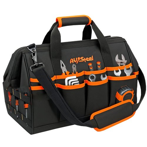 AV Steel 15 Inch Tool Bag with 16 Pockets Foldable Close Top Wide Mouth Tool Bag Organizer with Handle & Padded Adjustable Strap, Heavy Duty, Waterproof