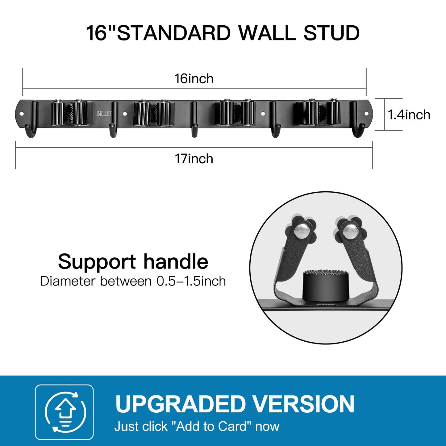 IMILLET Broom and Mop Holder Wall Mounted, Stainless Steel Broom Organizer Heavy Duty Tools Organizer Self Adhesive Mop Holder for Home Laundry Room Garage Garden (4 Racks and 5 Hooks)