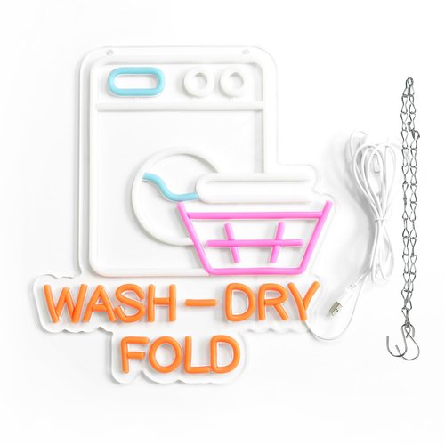 GLEAMYNHD Wash Dry Fold Neon Sign LED Light Up Wall Decor for Laundry Room Home & Laundromat - USB Powered 12x14 Inch Hanging Decorative Lights Gift Idea