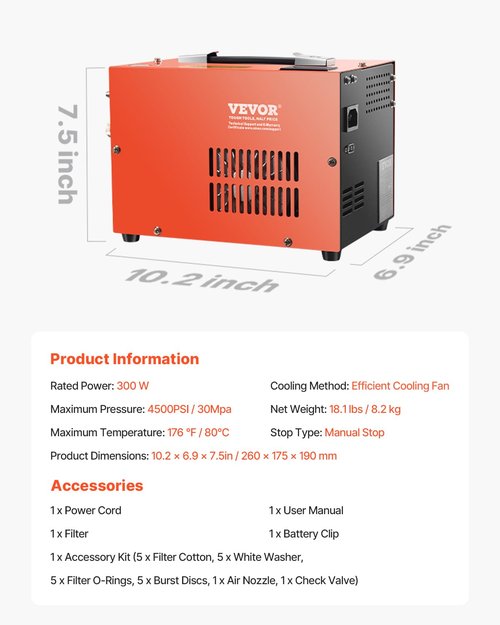 VEVOR PCP Air Compressor, 4500PSI/30Mpa Portable PCP Airgun Compressor with Built-in Converter & Fan Cooling System, DC12V/AC120V Manual-Stop Air Rifle, Paintball and Scuba Tank Compressor Pump